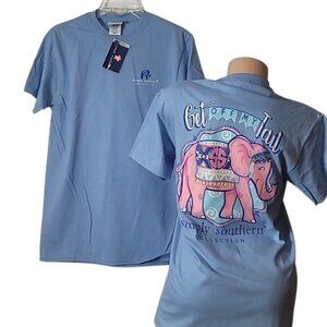 Simply Southern Womens Small Light Blue T-Shirt "Get Off My Tail" Elephant Graph